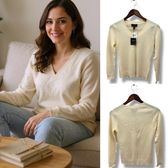 195 Charter Club Luxury | NWT Cream Cashmere V-neck Sweater (size S/M) - Picture 1 of 10